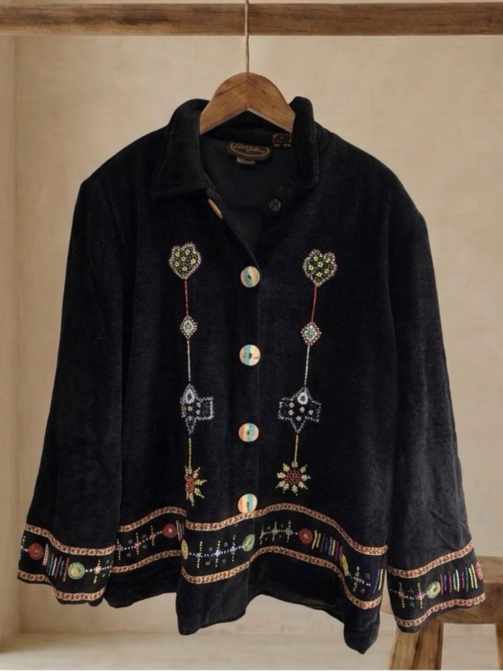 Vintage Alex Kim Art to Wear Beaded Embroidered Black Jacket M Made in India EUC